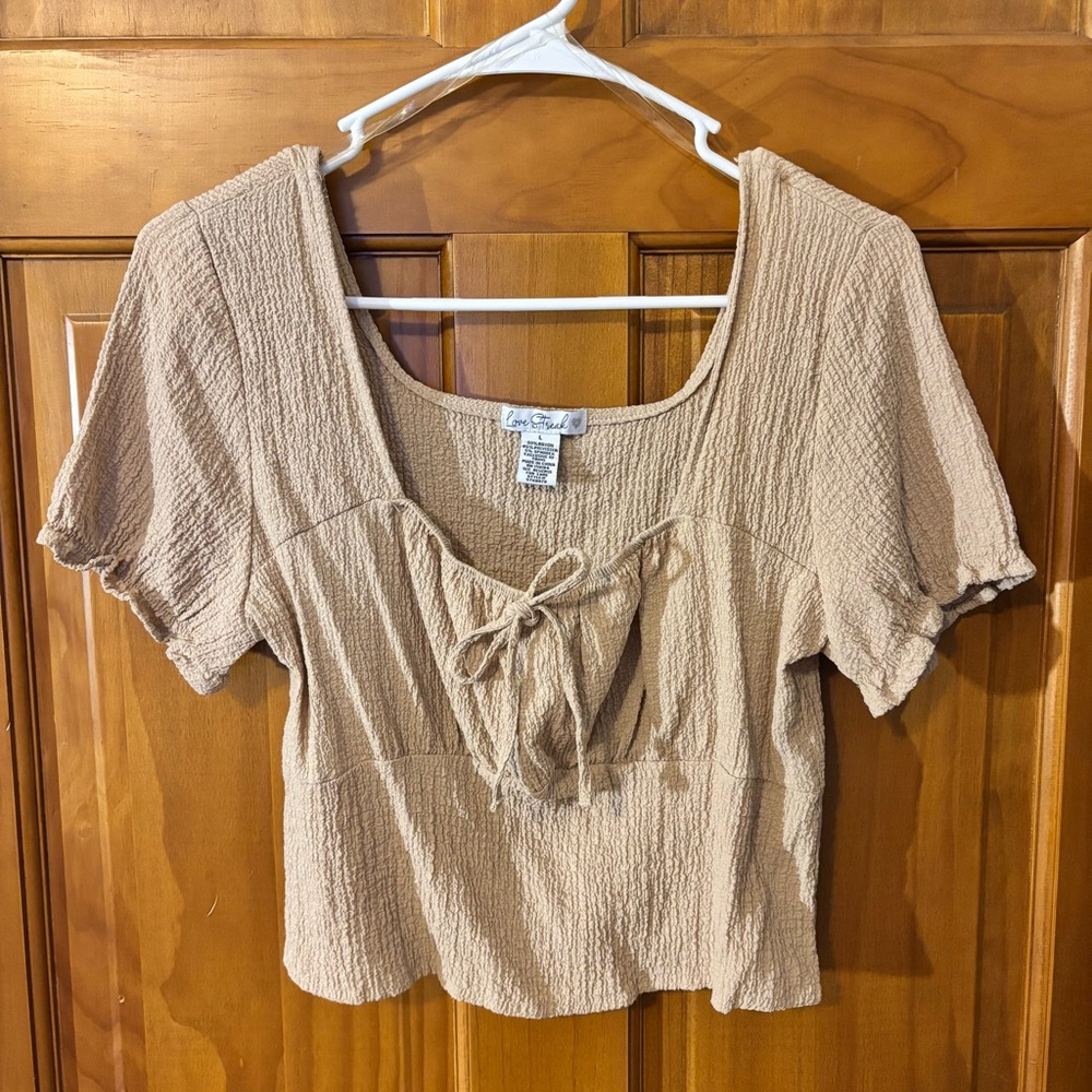 Beige Textured Crop Top with Bow